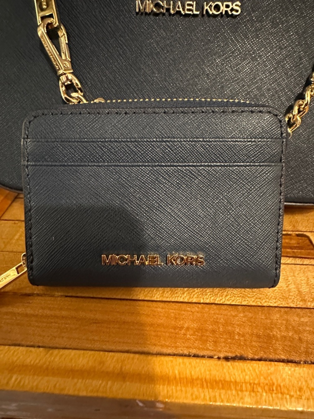 Michael Kors Navy Saffiano Card Holder with Gold Logo
